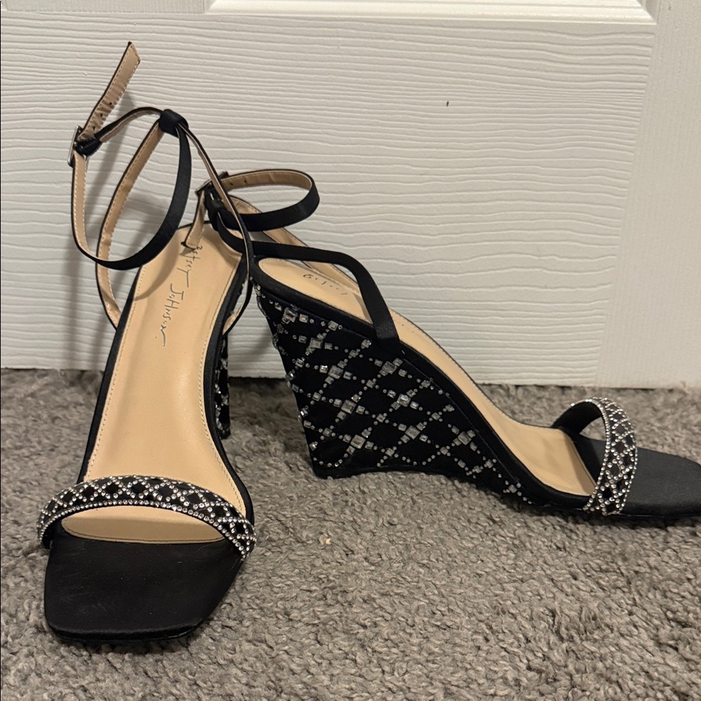 Betsey Johnson Black Rhinestone Embellished Wedge Sandals
